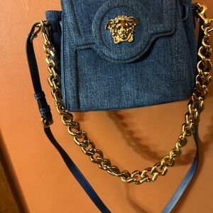 Versace Denim Blue Shoulder Bag with Gold Chain